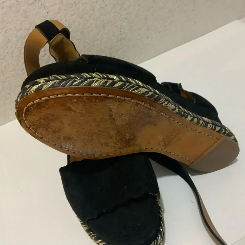 Chloe Black Suede Lauren Espadrille Wedge Sandals Size 36